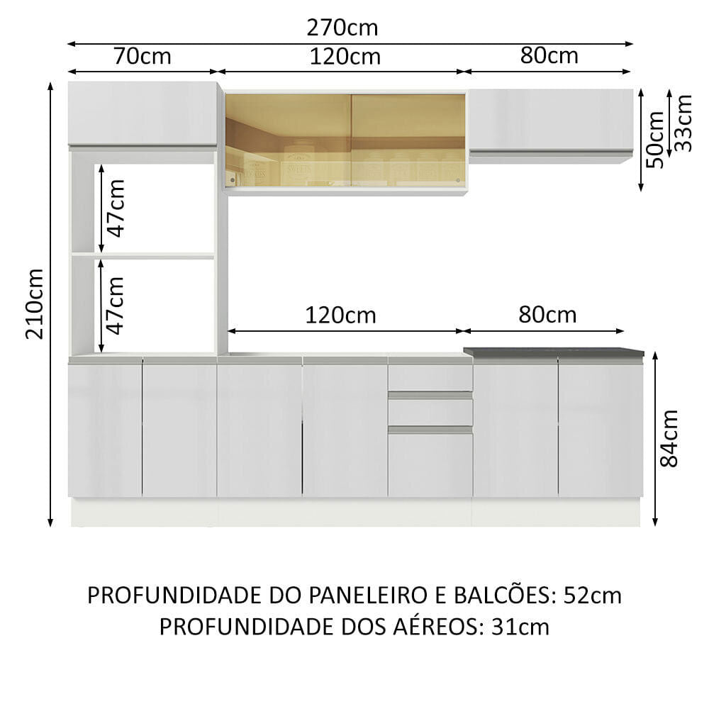 Armário de Cozinha Completa 100% MDF 270cm Frentes Branco Brilho Acordes Madesa 07