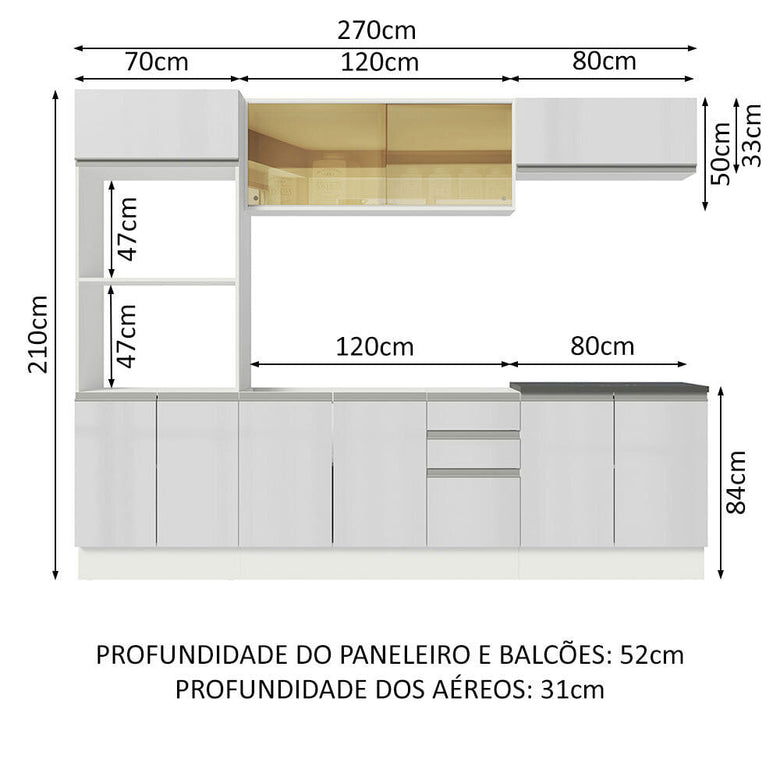 Armário de Cozinha Completa 100% MDF 270cm Frentes Branco Brilho Acordes Madesa 07