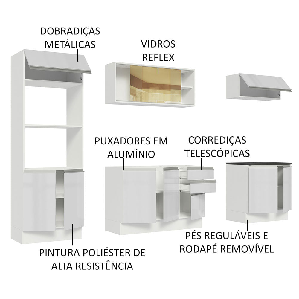 Armário de Cozinha Completa 100% MDF 270cm Frentes Branco Brilho Acordes Madesa 07