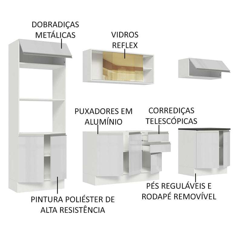 Armário de Cozinha Completa 100% MDF 270cm Frentes Branco Brilho Acordes Madesa 07