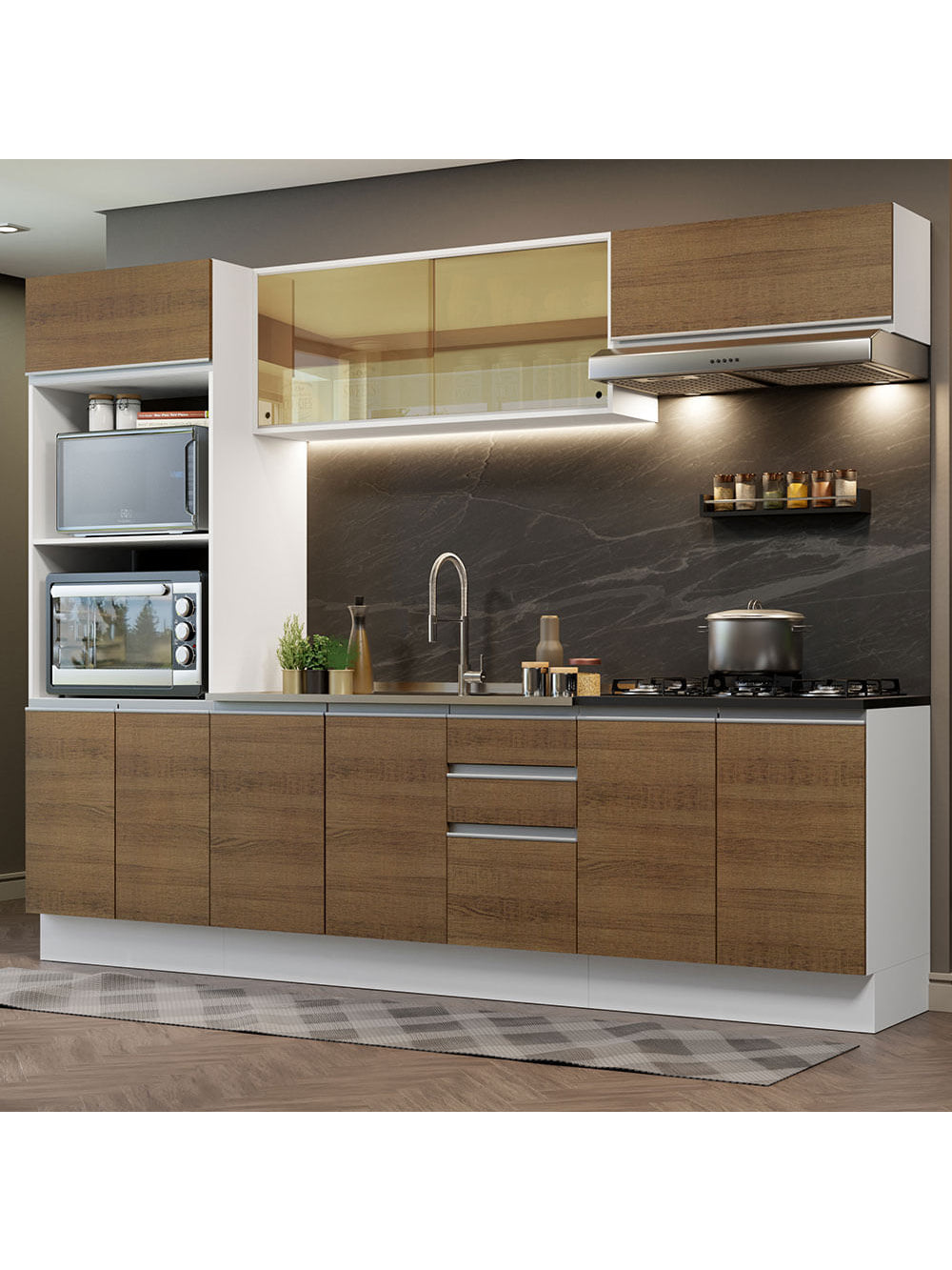 Armário de Cozinha Completa 100% MDF 270cm Branco/Rustic Acordes Madesa 07 - Branco/Rustic