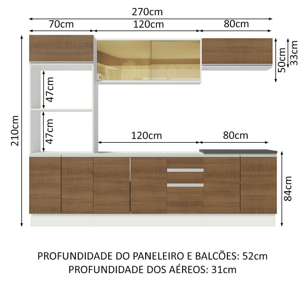 Armário de Cozinha Completa 100% MDF 270cm Branco/Rustic Acordes Madesa 07
