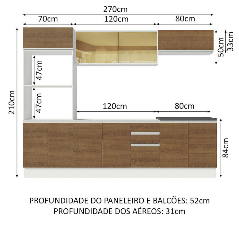 Armário de Cozinha Completa 100% MDF 270cm Branco/Rustic Acordes Madesa 07
