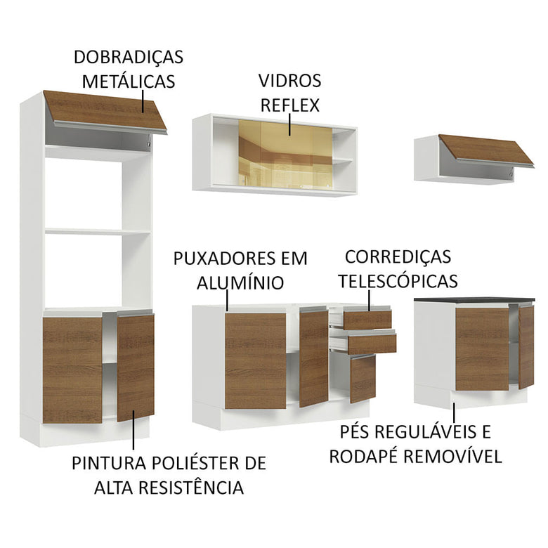Armário de Cozinha Completa 100% MDF 270cm Branco/Rustic Acordes Madesa 07