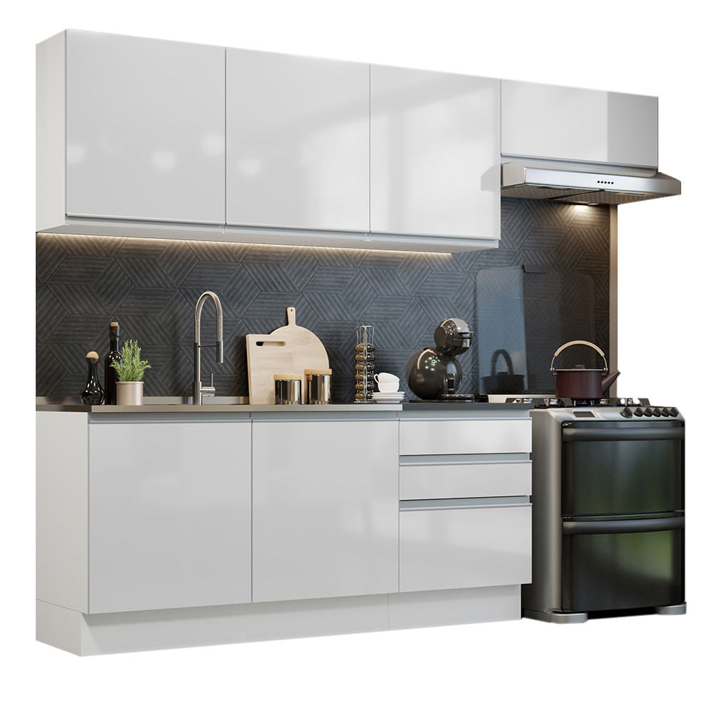 Armário de Cozinha Completa 100% MDF 260cm Frentes Branco Brilho Acordes Madesa 03 - Branco