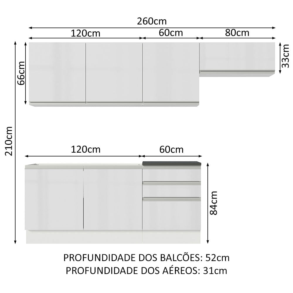 Armário de Cozinha Completa 100% MDF 260cm Frentes Branco Brilho Acordes Madesa 03