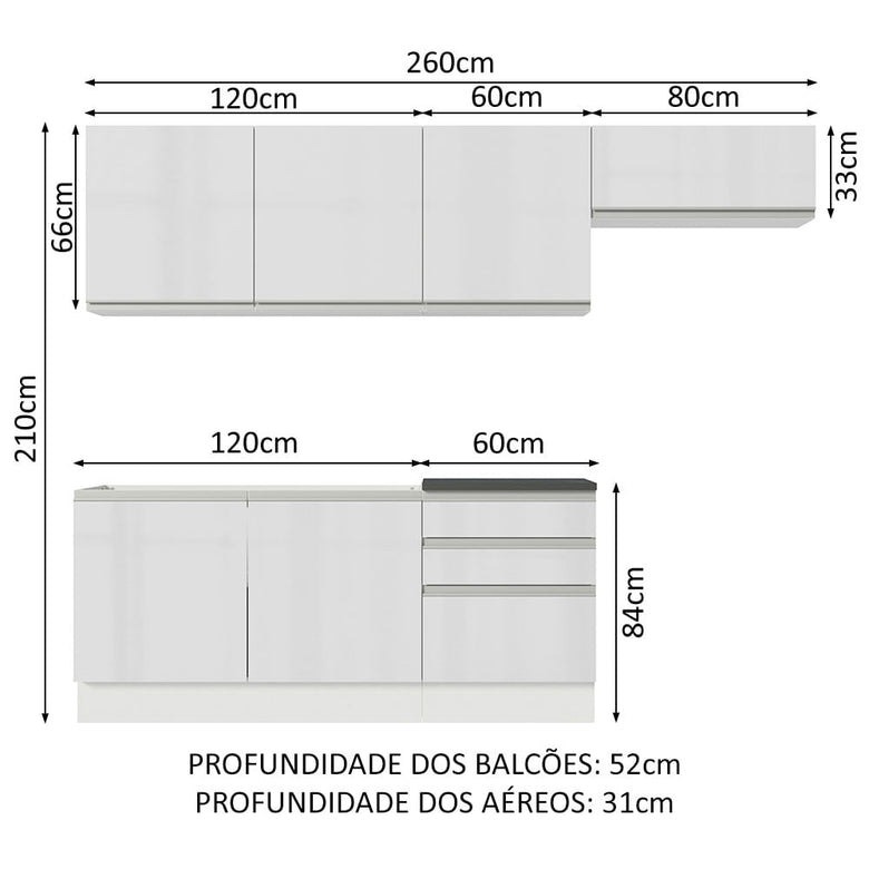 Armário de Cozinha Completa 100% MDF 260cm Frentes Branco Brilho Acordes Madesa 03