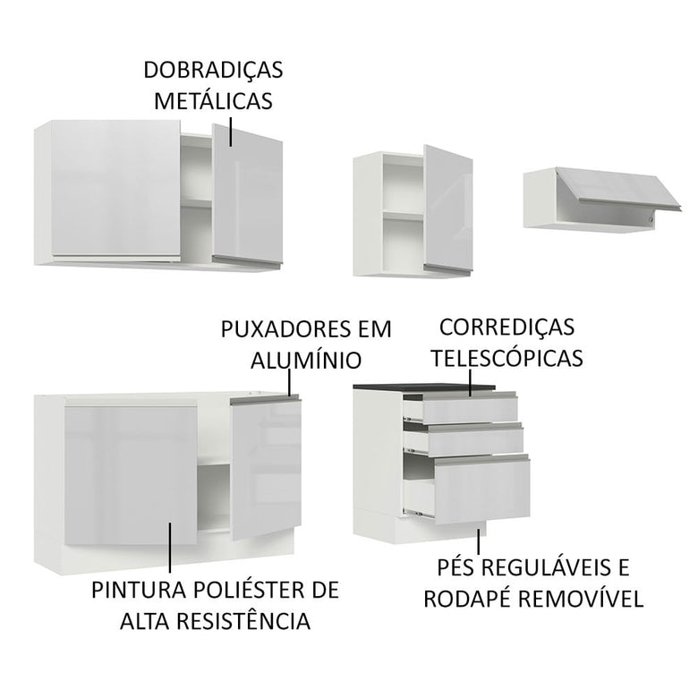Armário de Cozinha Completa 100% MDF 260cm Frentes Branco Brilho Acordes Madesa 03