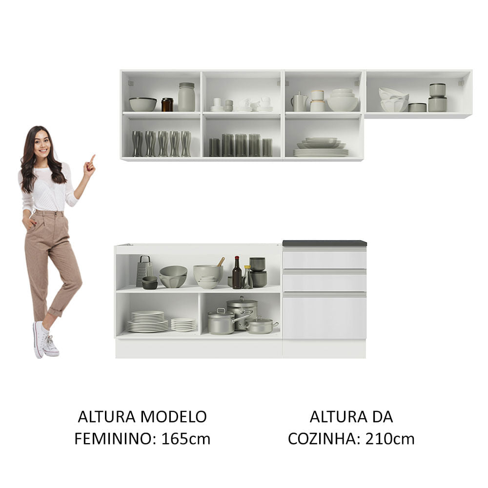 Armário de Cozinha Completa 100% MDF 260cm Frentes Branco Brilho Acordes Madesa 03