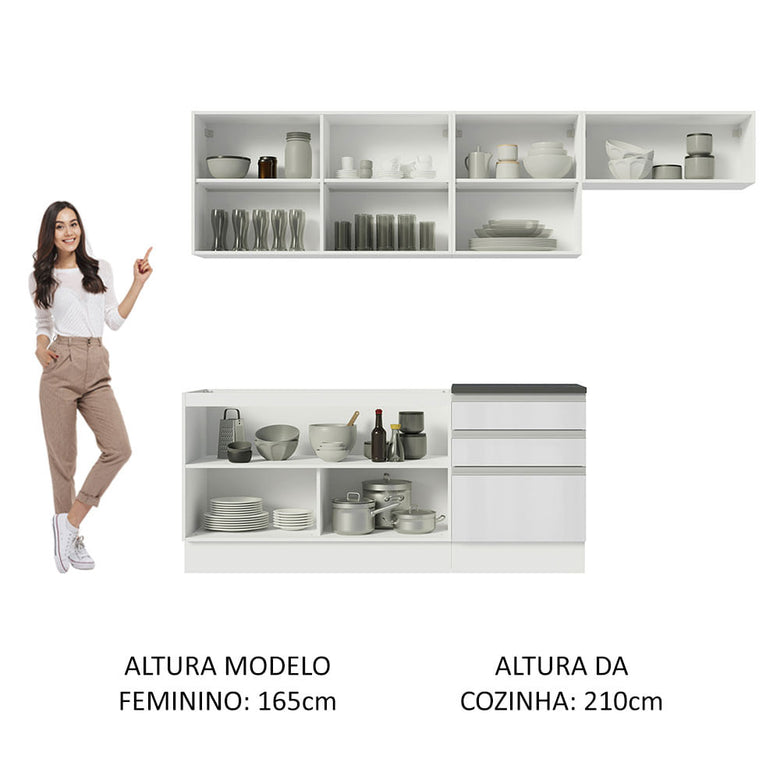 Armário de Cozinha Completa 100% MDF 260cm Frentes Branco Brilho Acordes Madesa 03