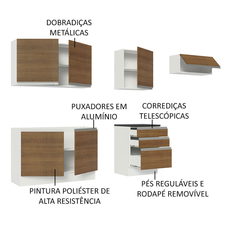 Armário de Cozinha Completa 100% MDF 260cm Branco/Rustic Acordes Madesa 03
