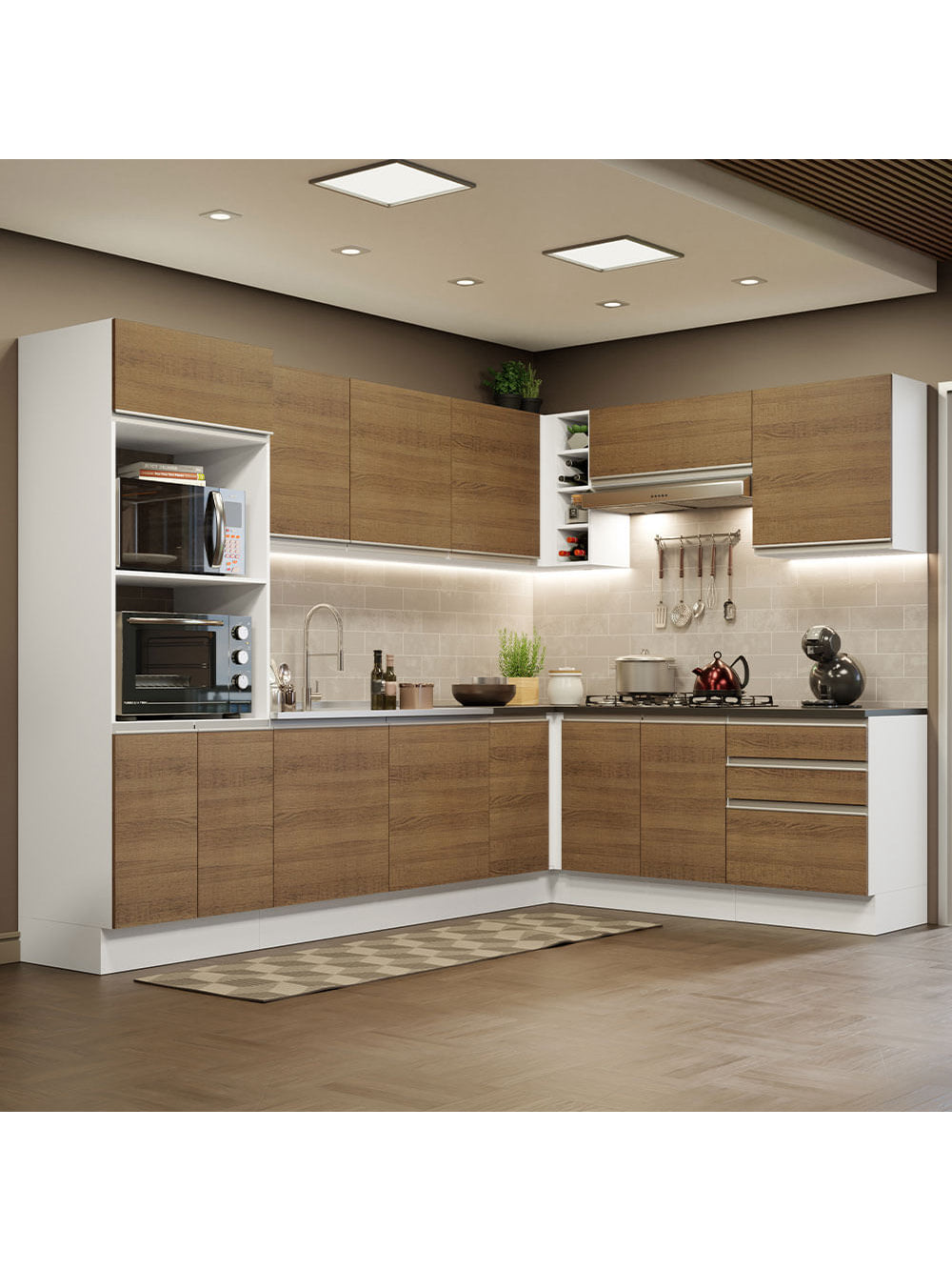 Armário de Cozinha Completa de Canto 100% MDF 479cm Branco/Rustic Acordes Madesa 03 - Branco/Rustic