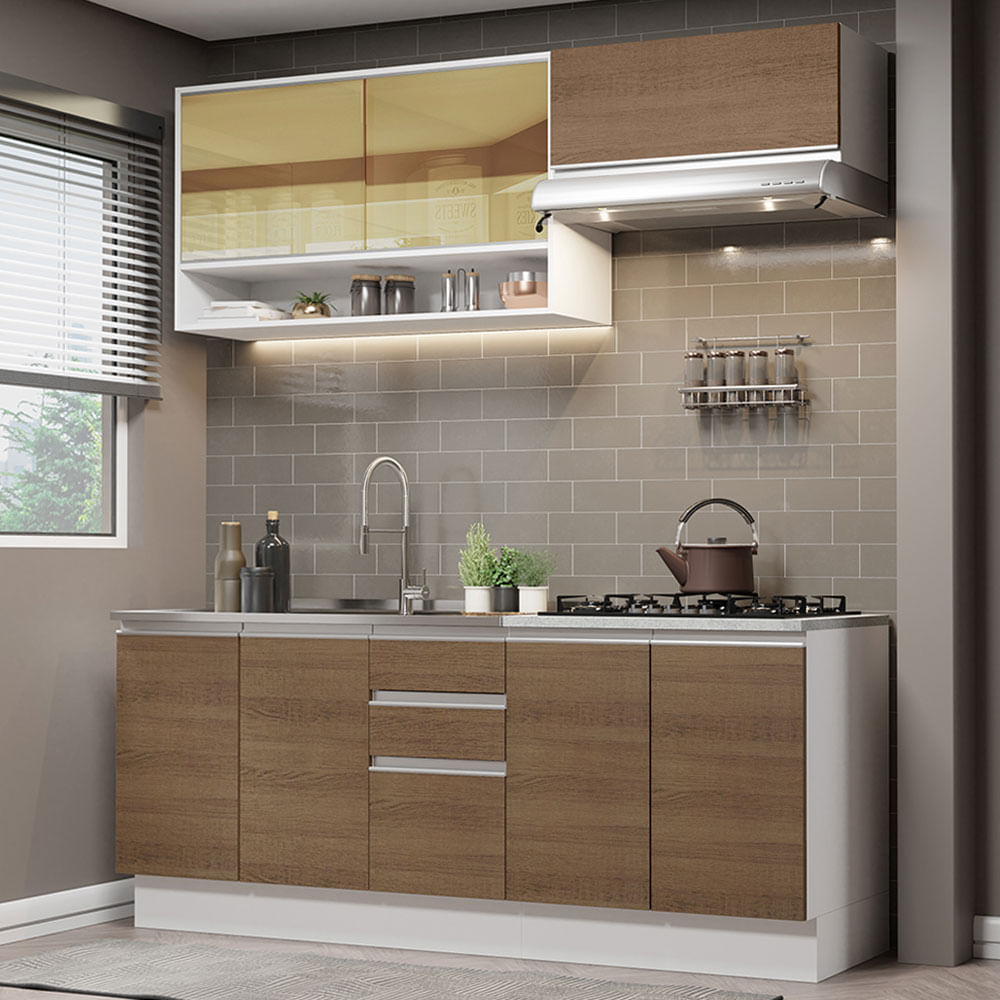 Armário de Cozinha Compacta 200cm Branco Rustic Glamy Madesa 03 - Branco/Rustic