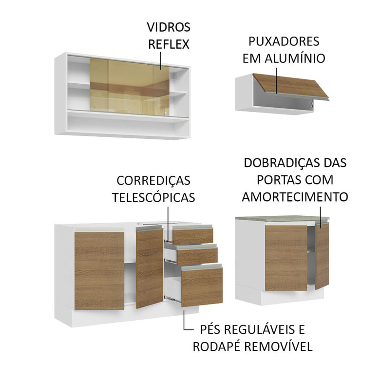 Armário de Cozinha Compacta 200cm Branco Rustic Glamy Madesa 03