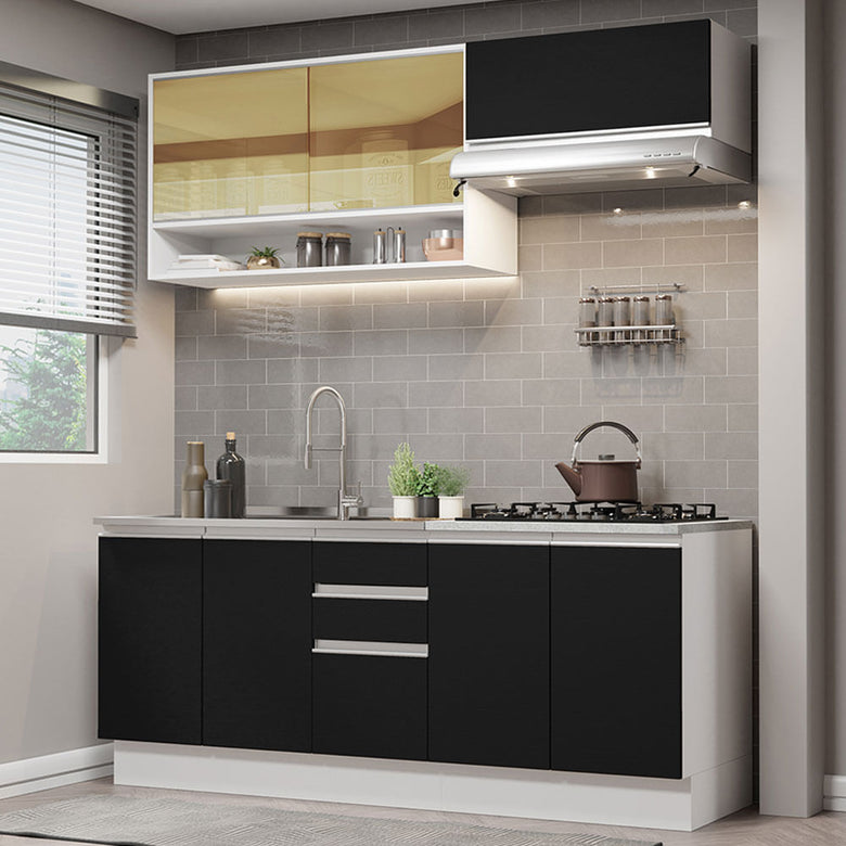 Armário de Cozinha Compacta 200cm Branco Preto Glamy Madesa 03
