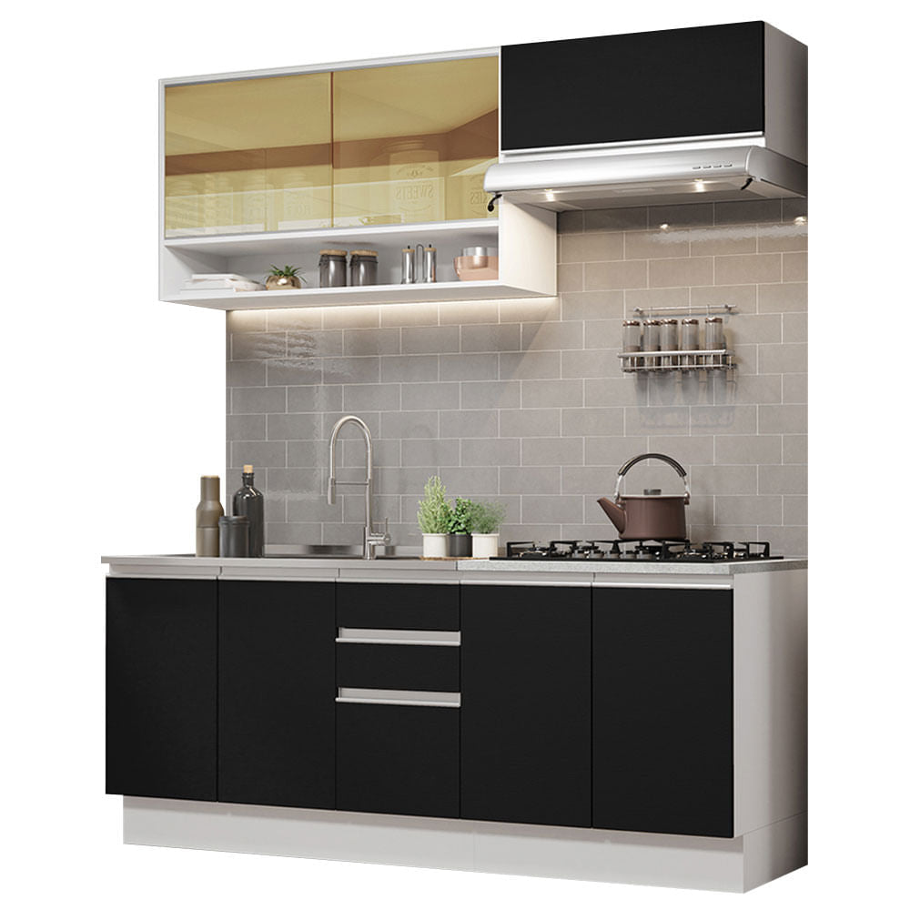 Armário de Cozinha Compacta 200cm Branco Preto Glamy Madesa 03 - Branco/Preto