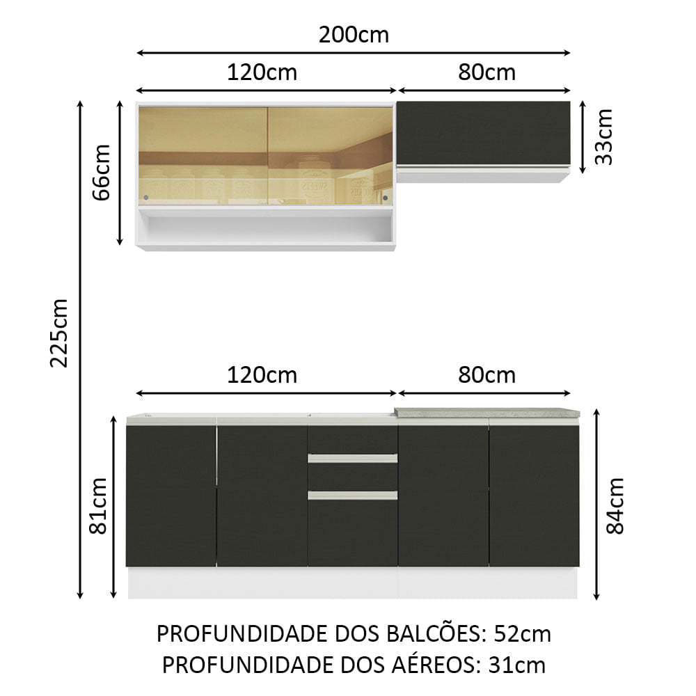 Armário de Cozinha Compacta 200cm Branco Preto Glamy Madesa 03