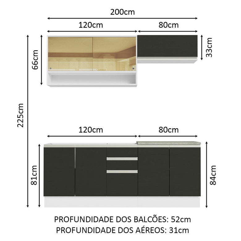 Armário de Cozinha Compacta 200cm Branco Preto Glamy Madesa 03