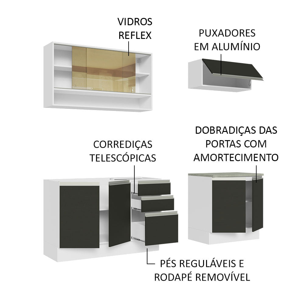 Armário de Cozinha Compacta 200cm Branco Preto Glamy Madesa 03