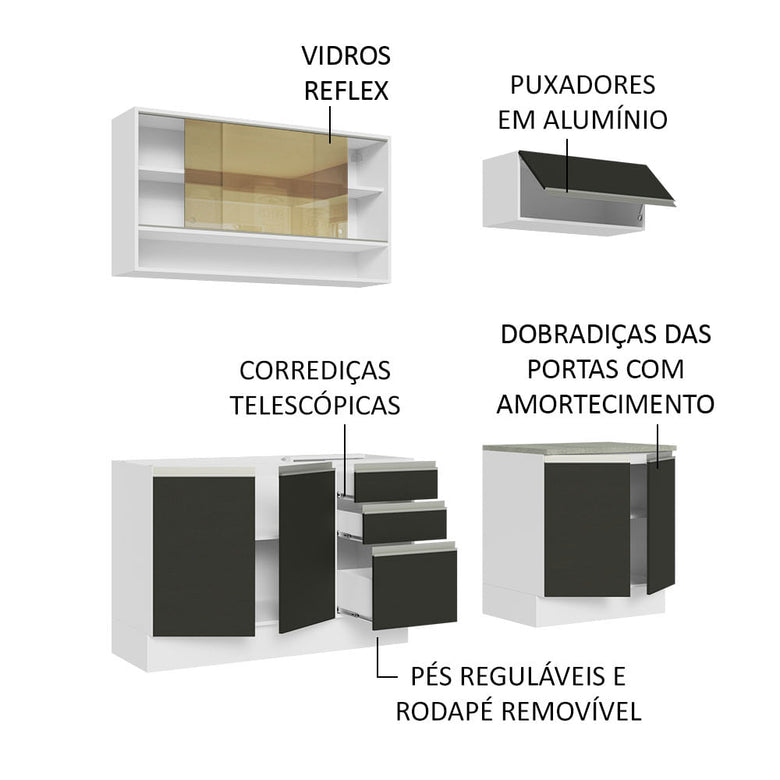 Armário de Cozinha Compacta 200cm Branco Preto Glamy Madesa 03