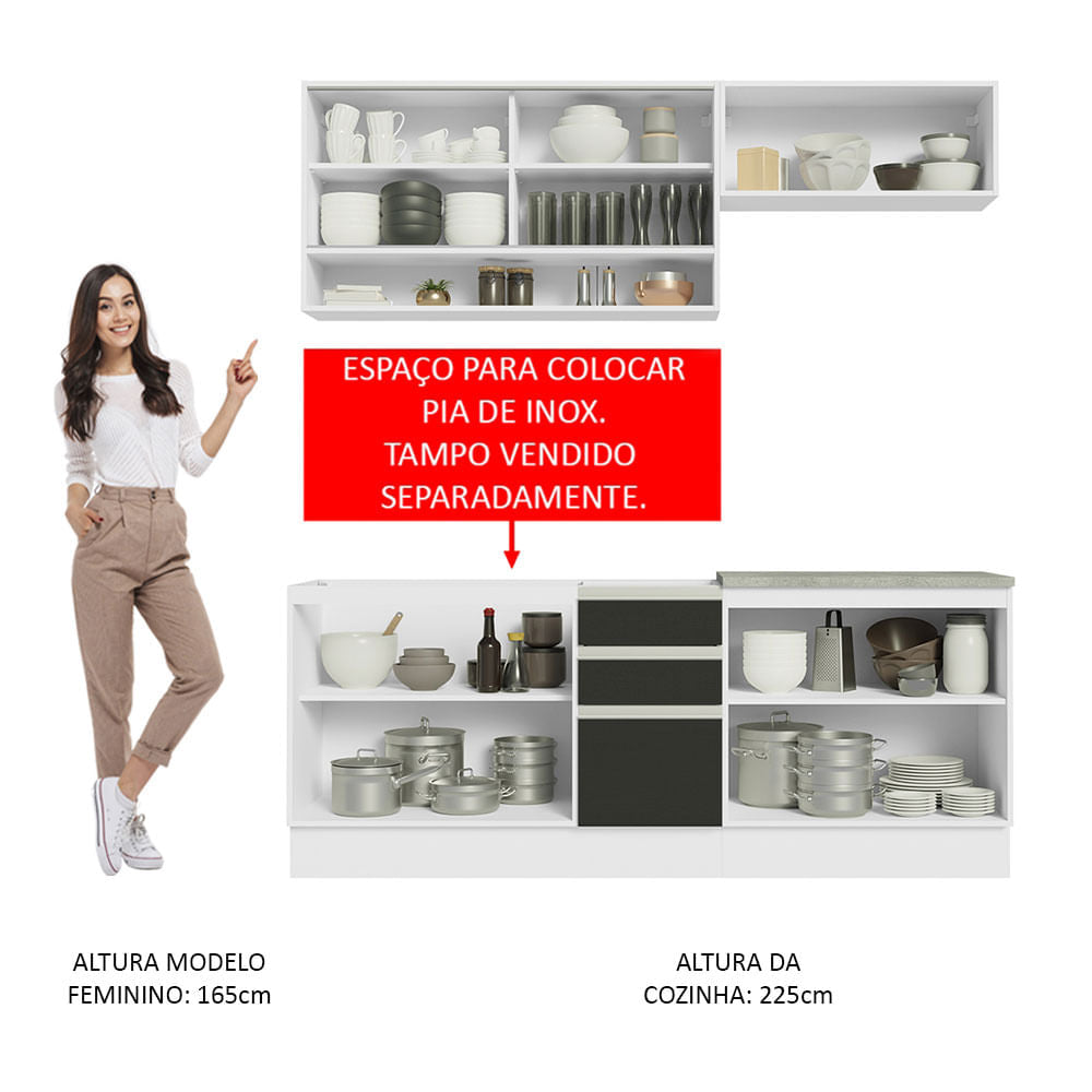 Armário de Cozinha Compacta 200cm Branco Preto Glamy Madesa 03