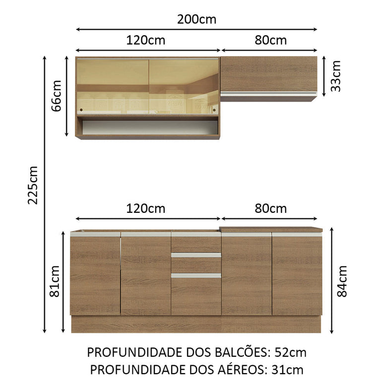 Armário de Cozinha Compacta 200cm Rustic Glamy Madesa 03