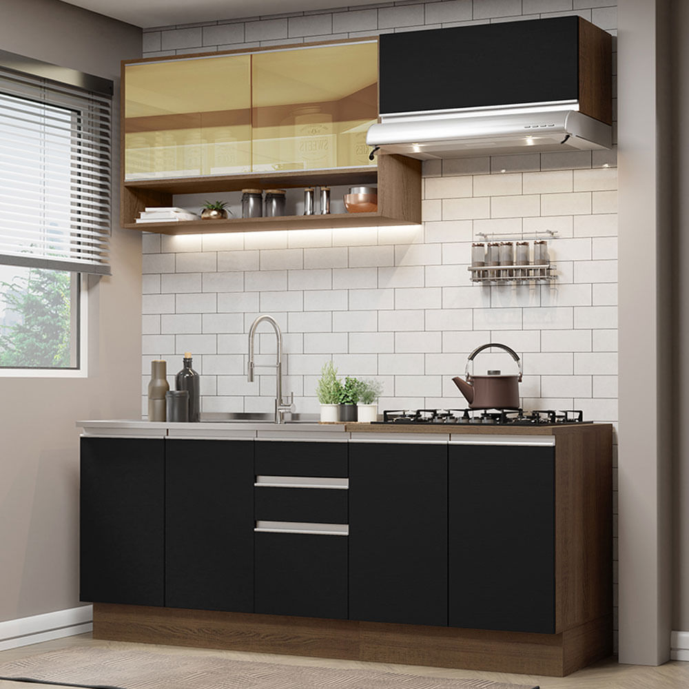 Armário de Cozinha Compacta 200cm Rustic Preto Glamy Madesa 03 - Rustic/Preto