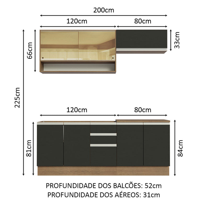 Armário de Cozinha Compacta 200cm Rustic Preto Glamy Madesa 03