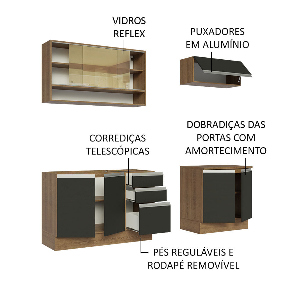 Armário de Cozinha Compacta 200cm Rustic Preto Glamy Madesa 03