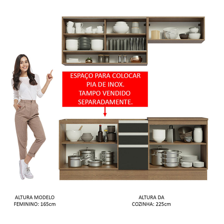 Armário de Cozinha Compacta 200cm Rustic Preto Glamy Madesa 03