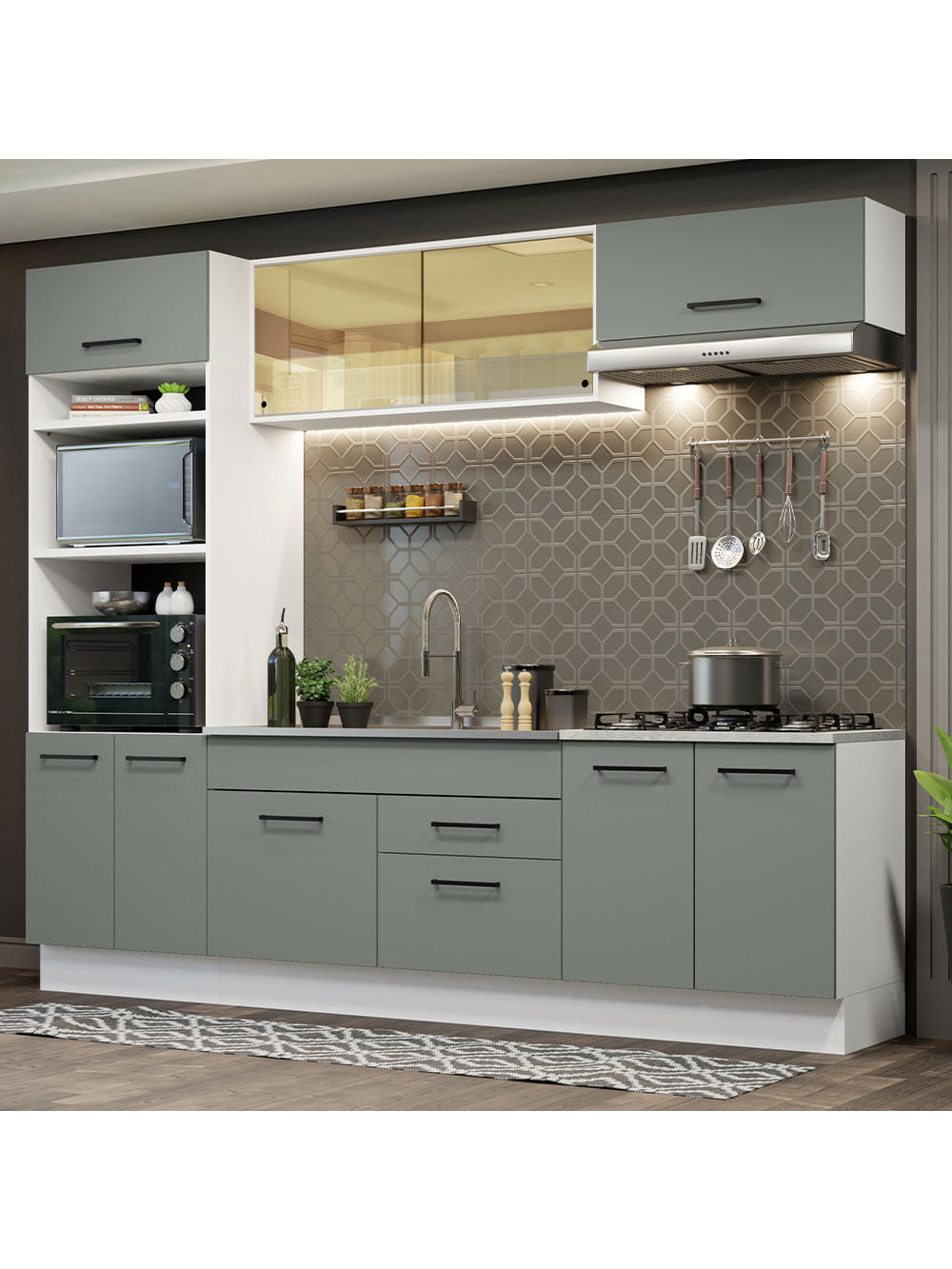 Armário de Cozinha Completa 270cm Branco Cinza Agata Madesa 03 - Branco/Cinza