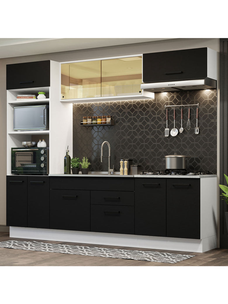 Armário de Cozinha Completa 270cm Branco Preto Agata Madesa 03