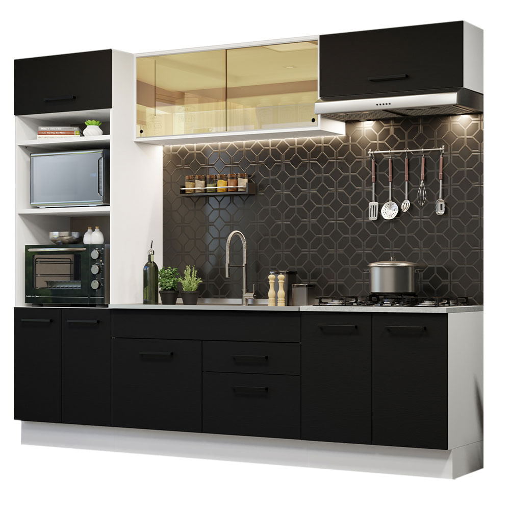 Armário de Cozinha Completa 270cm Branco Preto Agata Madesa 03 - Branco/Preto