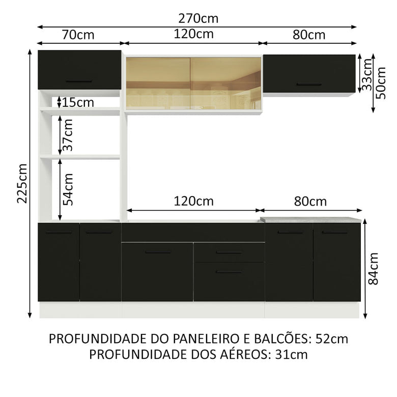 Armário de Cozinha Completa 270cm Branco Preto Agata Madesa 03