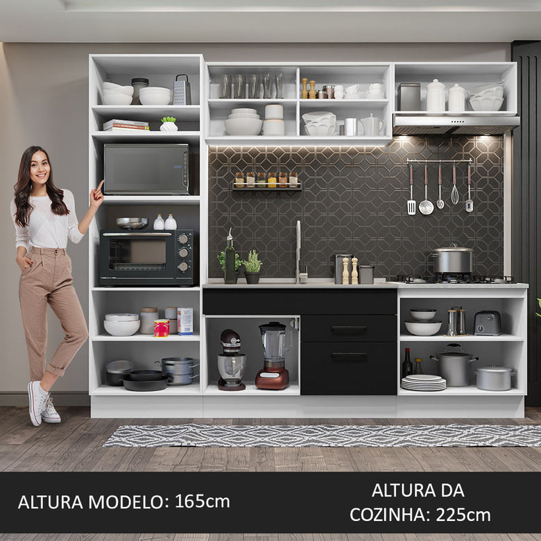 Armário de Cozinha Completa 270cm Branco Preto Agata Madesa 03