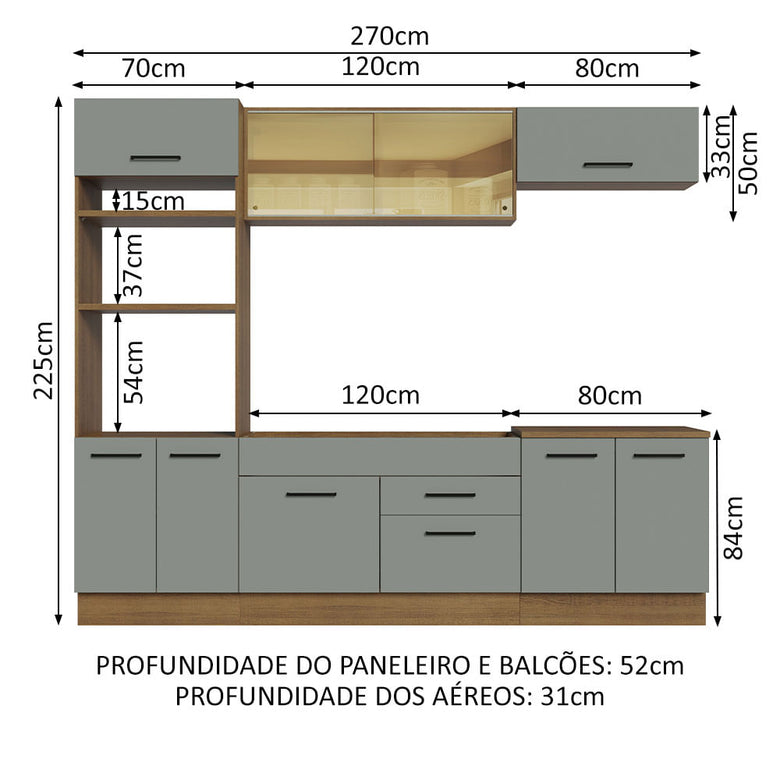 Armário de Cozinha Completa 270cm Rustic Cinza Agata Madesa 03