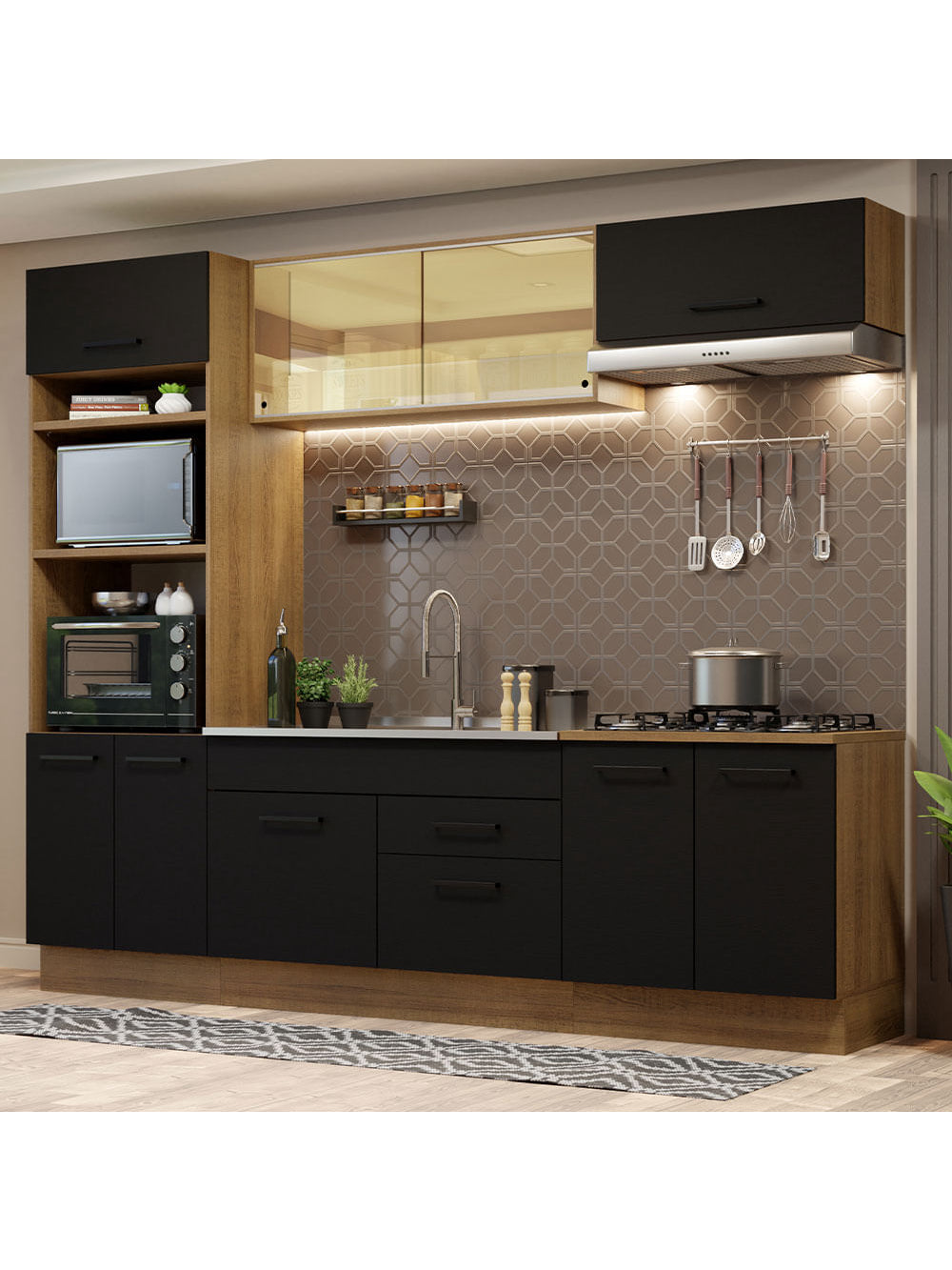 Armário de Cozinha Completa 270cm Rustic Preto Agata Madesa 03 - Rustic/Preto
