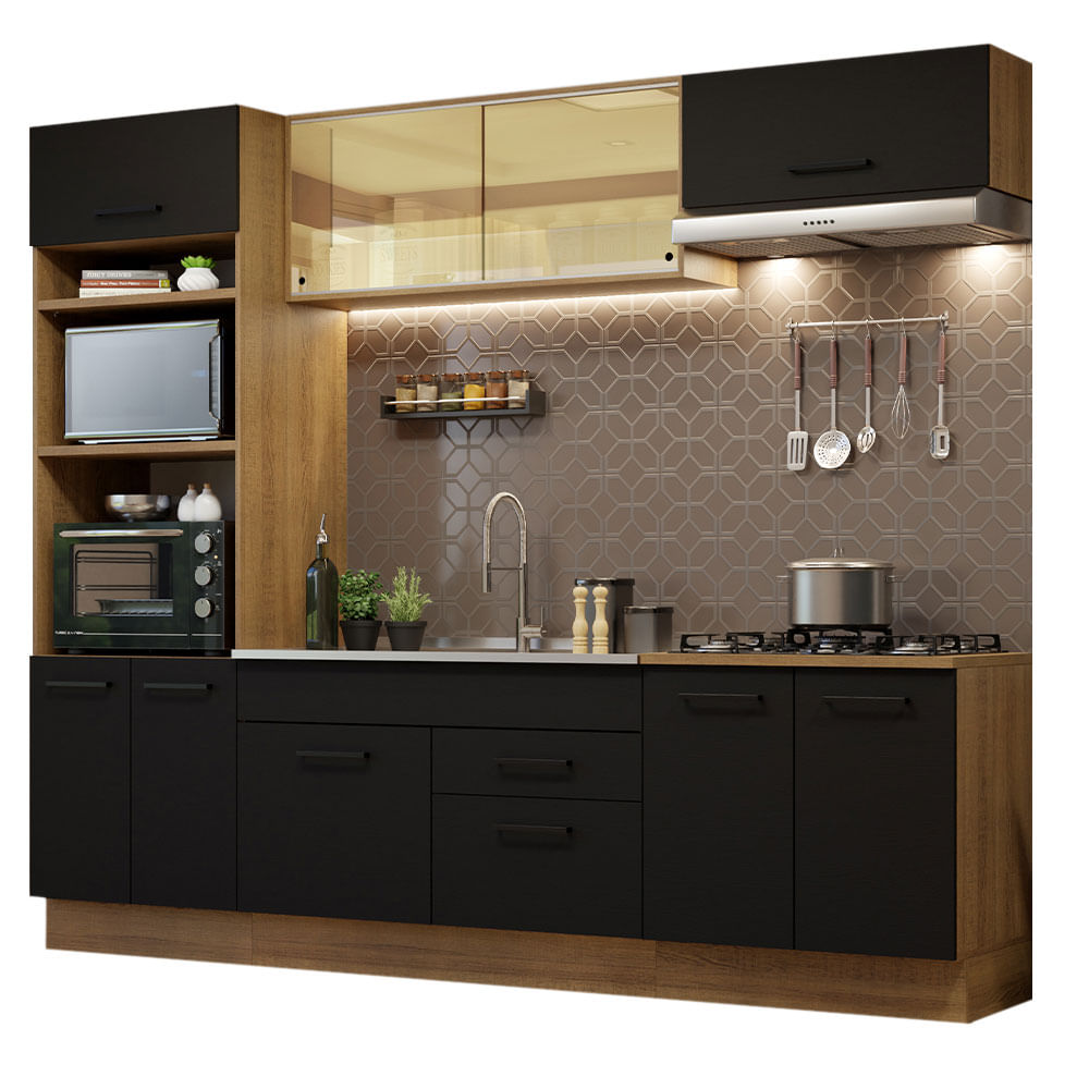 Armário de Cozinha Completa 270cm Rustic Preto Agata Madesa 03 - Rustic/Preto