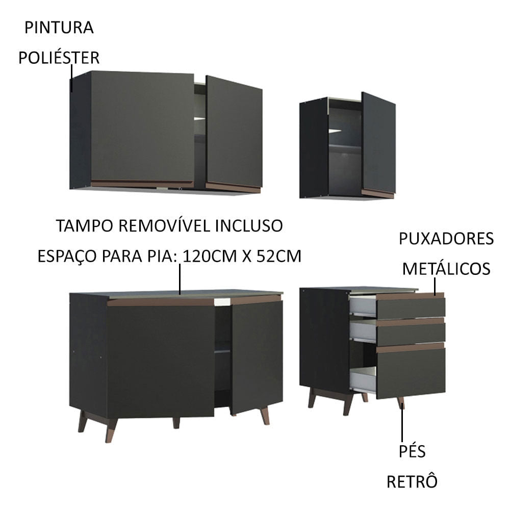 Armário de Cozinha Compacta 180cm Preto Reims Madesa 80
