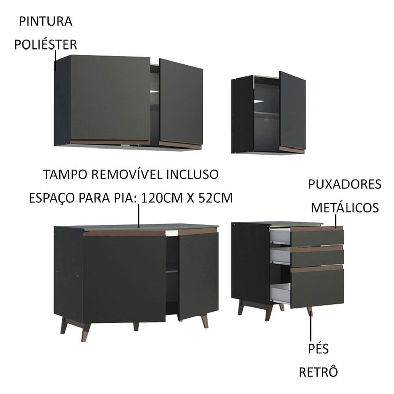 Armário de Cozinha Compacta 180cm Preto Reims Madesa 80