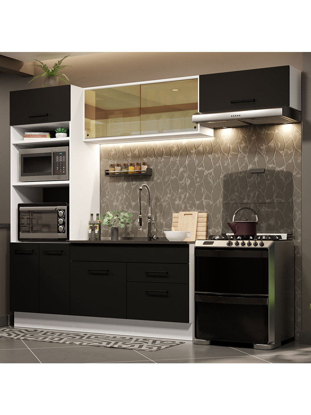 Armário de Cozinha Completa 270cm Branco Preto Agata Madesa 04 - Branco/Preto