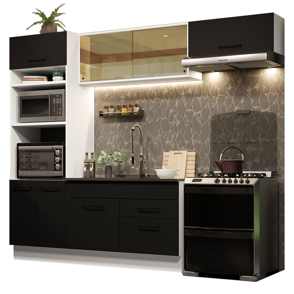 Armário de Cozinha Completa 270cm Branco Preto Agata Madesa 04 - Branco/Preto