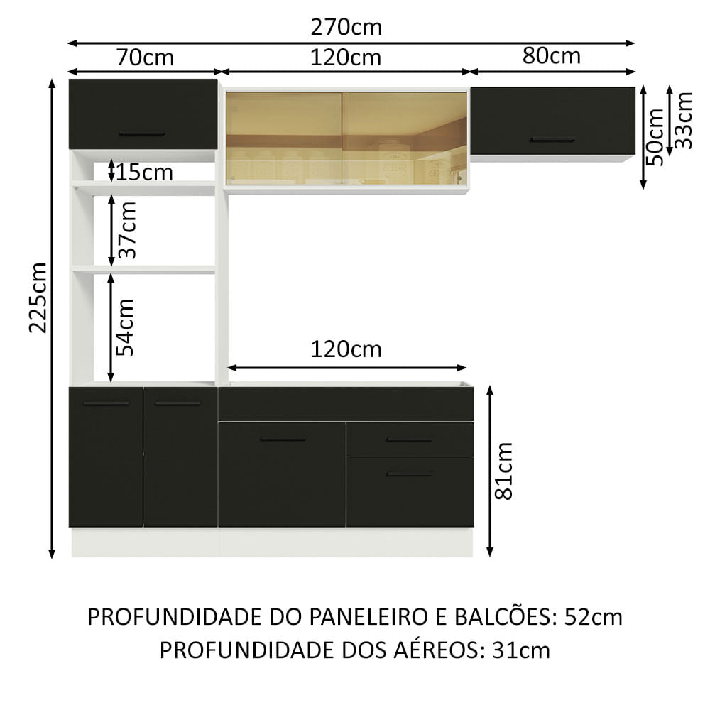 Armário de Cozinha Completa 270cm Branco Preto Agata Madesa 04