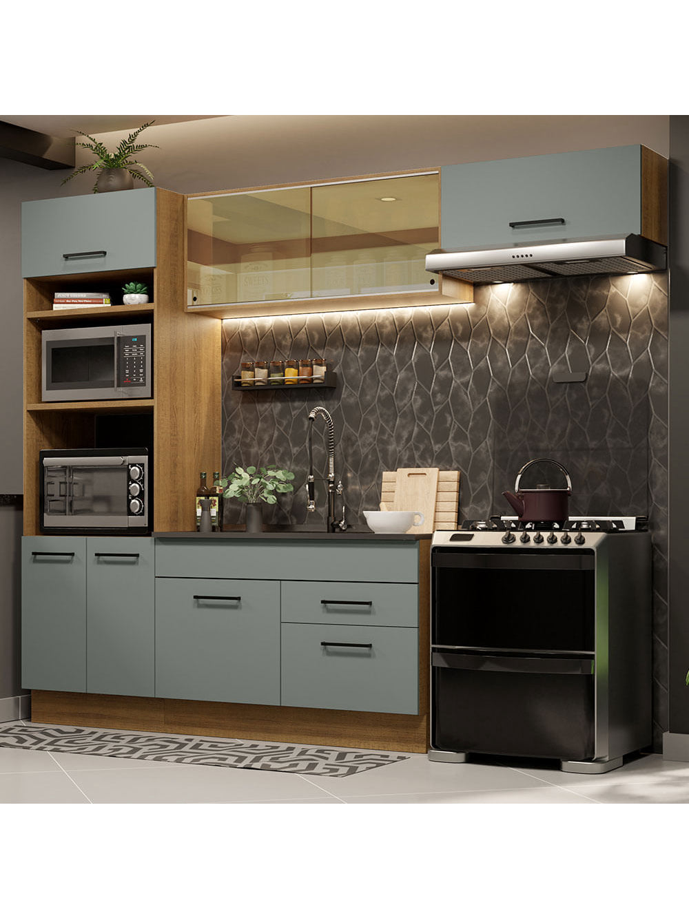 Armário de Cozinha Completa 270cm Rustic Cinza Agata Madesa 04 - Rustic/Cinza