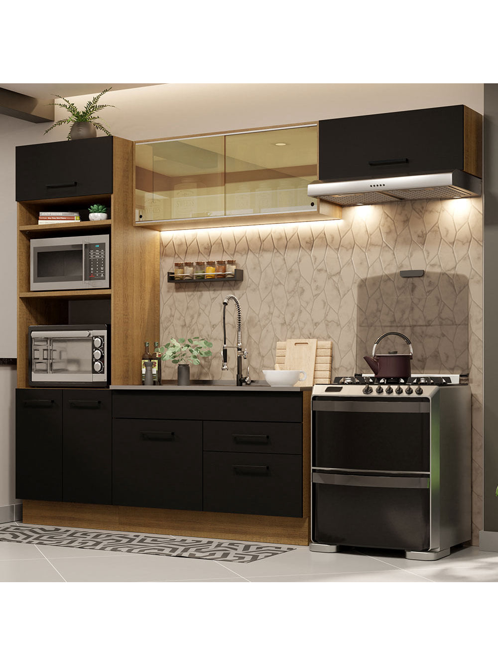 Armário de Cozinha Completa 270cm Rustic Preto Agata Madesa 04 - Rustic/Preto