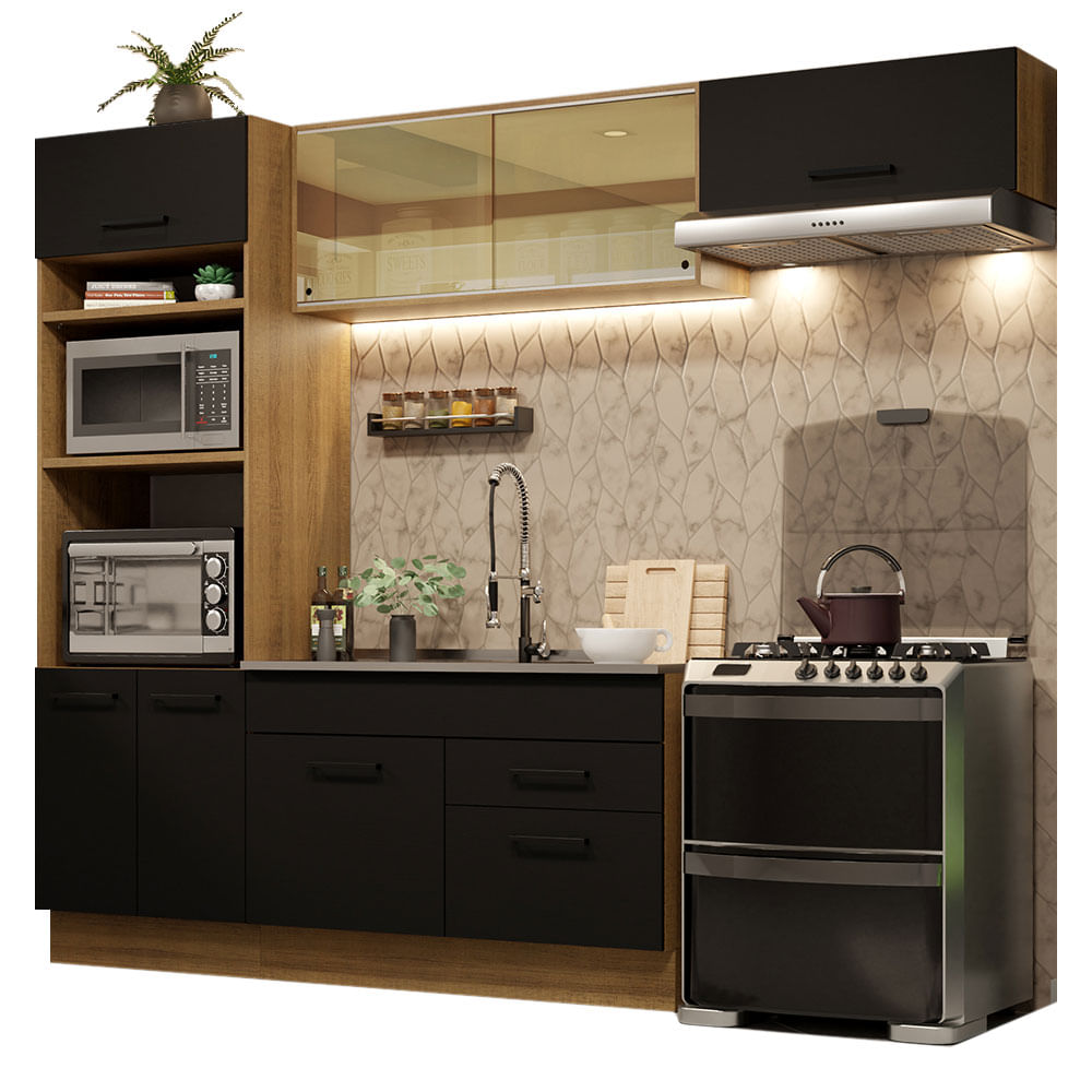 Armário de Cozinha Completa 270cm Rustic Preto Agata Madesa 04 - Rustic/Preto