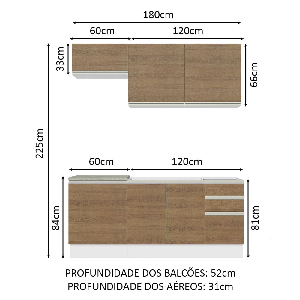 Armário de Cozinha Compacta 180cm Branco Rustic Glamy Madesa 07