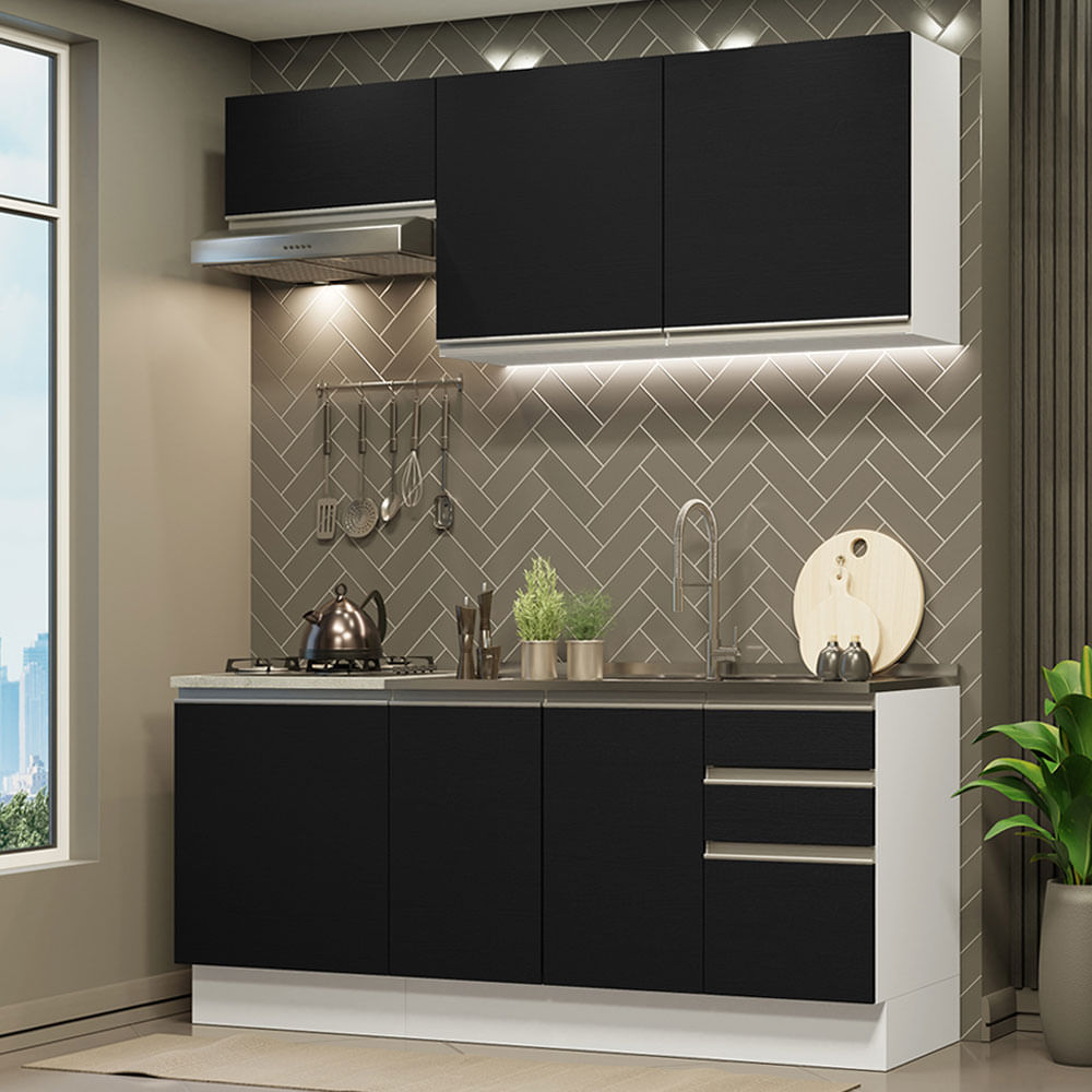 Armário de Cozinha Compacta 180cm Branco Preto Glamy Madesa 07 - Branco/Preto