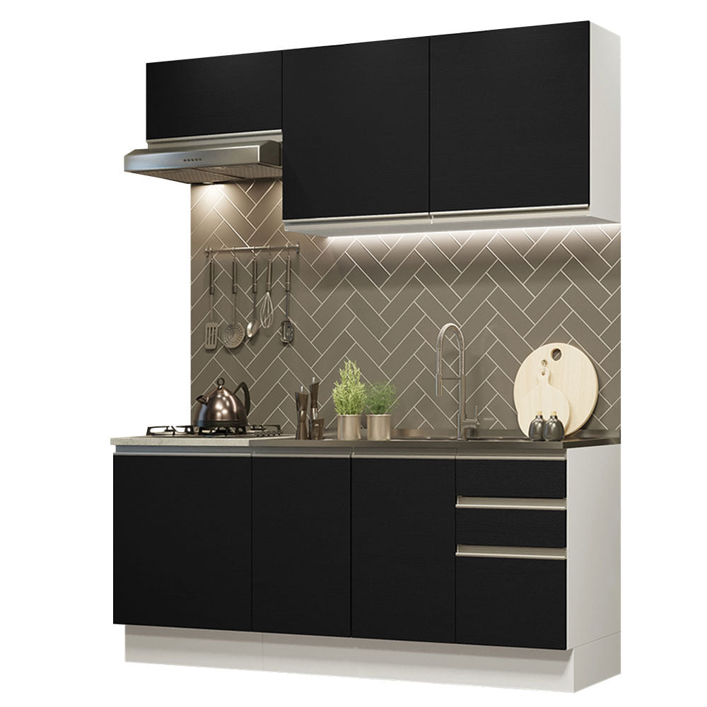 Armário de Cozinha Compacta 180cm Branco Preto Glamy Madesa 07 - Branco/Preto