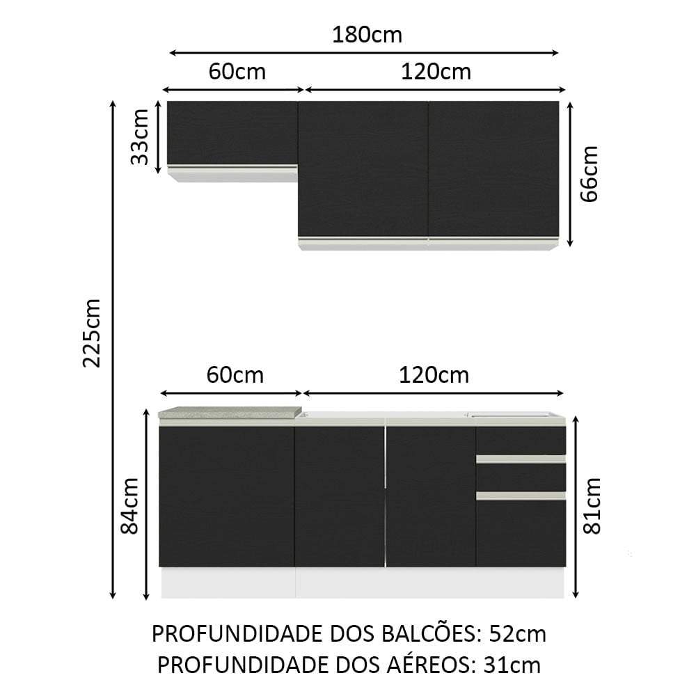 Armário de Cozinha Compacta 180cm Branco Preto Glamy Madesa 07
